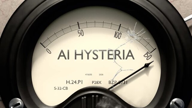 Ai hysteria meter showing big levels of ai hysteria. Dangerously increasing high values of ai hysteria, critical overload. Too much, off the charts. Max ai hysteria