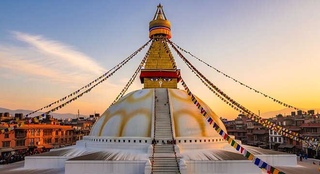 Golden spire stupa surrounded by prayer flags at sunset