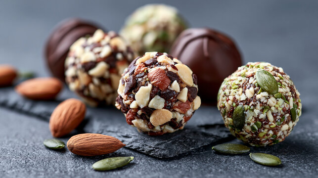 Assorted energy balls with nuts and seeds on a dark background, showcasing healthy snacks and nutritious ingredients.