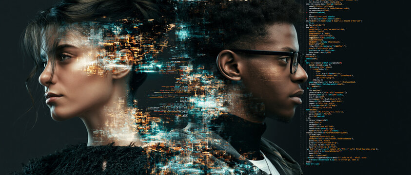 Young woman and man in profile with coding visuals blending together  