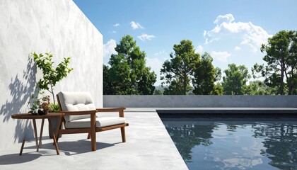 Fototapeta premium Modern Outdoor Lounge Area with Swimming Pool and Lush Greenery.