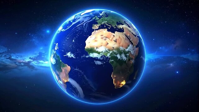 A glowing blue planet floating in the vast dark outer space
