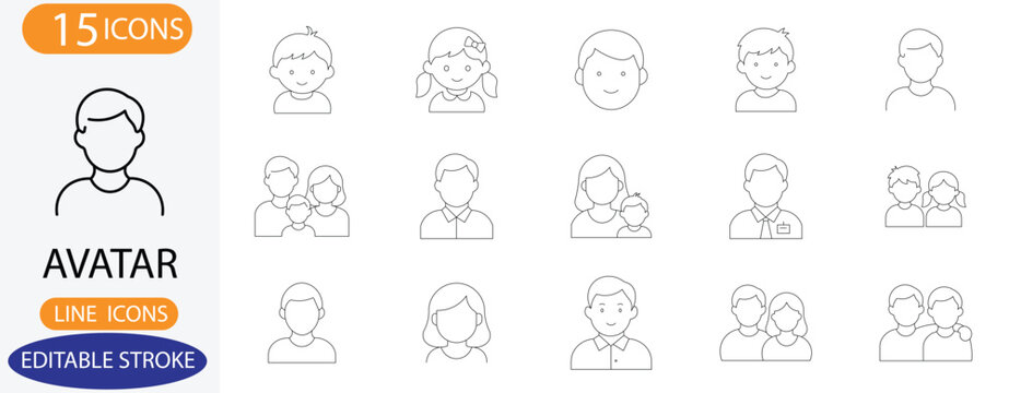 Avatar and user profile line icons. Vector people and family person symbols with editable stroke.