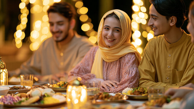 Family sharing Eid dinner together at festive table with lights  