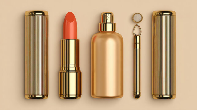 Minimalist golden cosmetic set with red lipstick and serum bottle mockup on neutral beige background for beauty branding