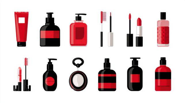 Flat vector-style iconset of red and black cosmetics including skincare bottles, lipstick, and mascara products