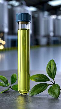 Laboratory test tube with green liquid and fresh leaves, representing plant biotechnology and sustainable scientific research.