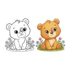 Cute cartoon bear cub with butterfly coloring page vector © SUMON
