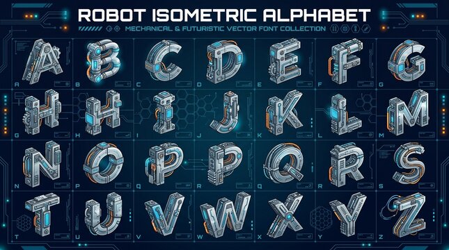 Robot isometric alphabet. Mechanical 3D letters A-Z built from steel plates, gears, wires, glowing blue panels on dark tech HUD grid. Futuristic sci-fi vector set.