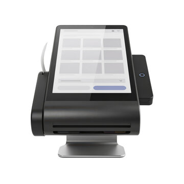 Point of sale terminal with integrated card reader and touchscreen display, metallic base, black plastic housing, isolated on white background isolated on a transparent background