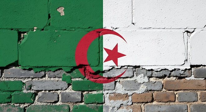 Algeria flag painted on a brick wall with peeling paint and cracks