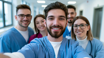 Fototapeta premium Group of smiling healthcare professionals taking selfie in medical facility, representing teamwork, collaboration and positive workplace culture.