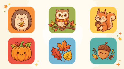 Naklejka premium Cartoon autumn icons featuring a hedgehog, owl, squirrel, pumpkin, leaves, and acorn in colorful squares with a playful and festive mood