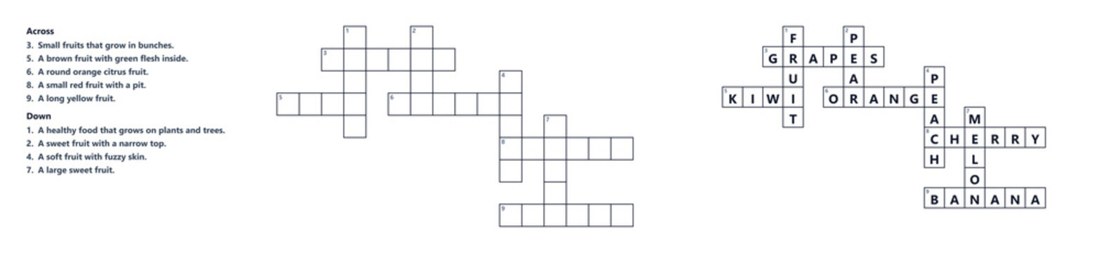 Fruit Crossword Puzzle Worksheet for Children, Crossword solution sheet