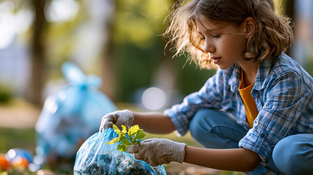 Child volunteer collecting plastic litter in a park with a garbage bag with minimal clean background, symbolic sustainability elements and generous empty area, symbolizing green business,