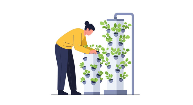 Person tending vertical hydroponic garden indoors efficiently.