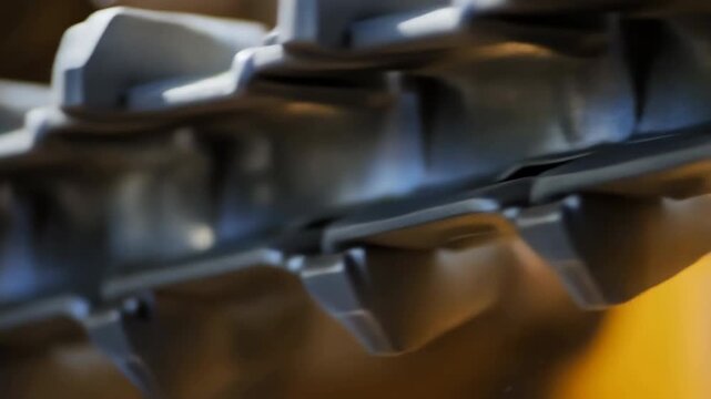 Closeup time-lapse of intermeshing steel gear teeth rotating in industrial assembly showing