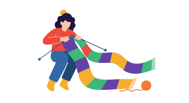Colorful cartoon character knitting a long vibrant scarf.