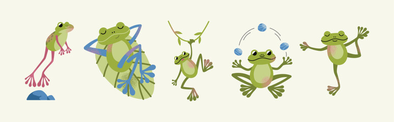 Fototapeta premium Cute cartoon frogs vector illustration set with green tree frog jumping relaxing on leaf hanging on vine juggling polo balls and practicing yoga minimal design with grainy texture