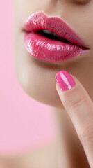 Naklejka premium Glossy lips with pink lipstick and manicured nail applying lip gloss, highlighting beauty, cosmetics and skincare detail.