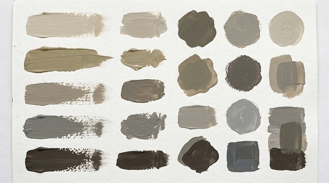 Assortment of paint samples and brush strokes in muted earth and gray colors arranged on white paper.