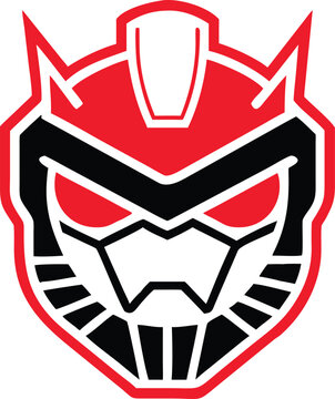 Menacing red and black robot or alien head logo symbolizing formidable strength and advanced artificial intelligence