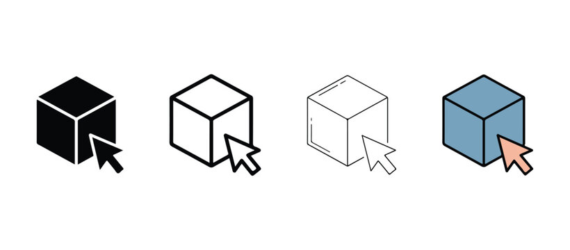 Collection of 3D cube icons with different colors and mouse cursor pointers for website or application design  various cube shapes and colors