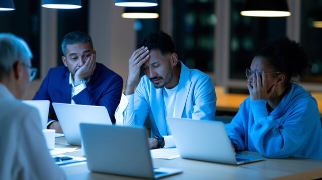 Stressed business team working late with laptops in office under pressure symbolizing deadline teamwork and problem solving