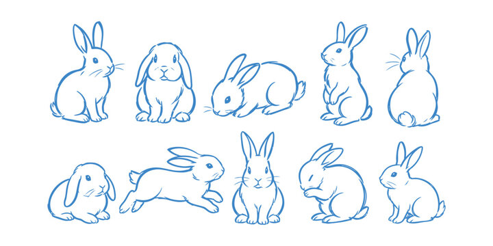 rabbit and bunny doodle icon set with cute hares sitting hopping and grooming characters vector illustration
