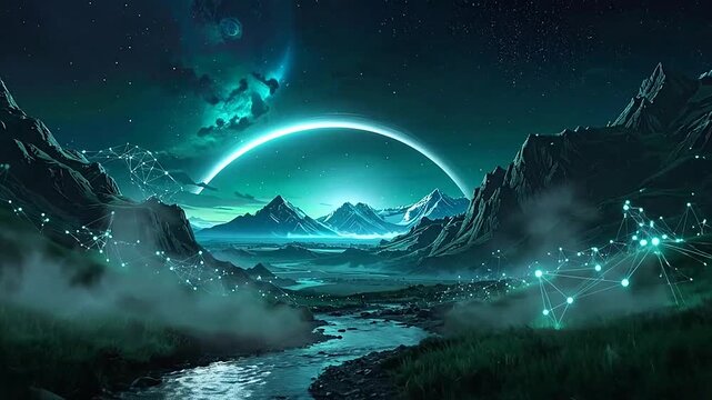 A glowing digital network connects a serene mountain valley landscape