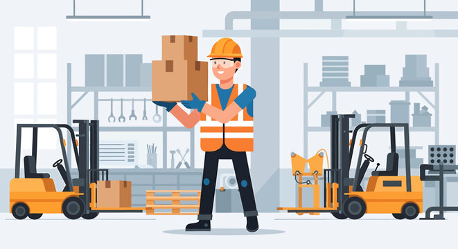 Man in orange safety vest holding box.