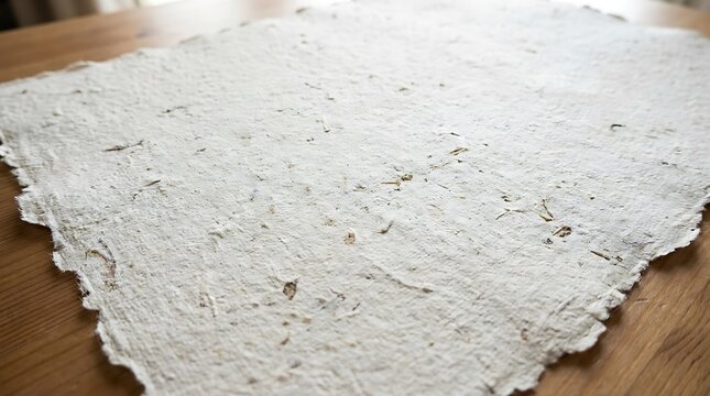Handmade paper with pressed natural elements on wooden table surface.