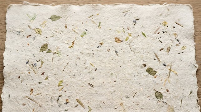 Textured handmade paper with dried leaves and floral elements.