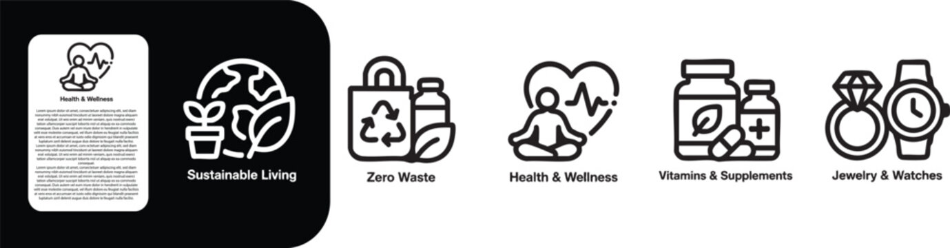 Health and Wellness Line Icon Set, sustainable Living, Zero Waste, Health and Wellness, Vitamins and Supplements Jewelry and Watches line icon 