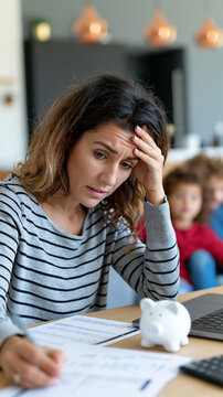 Stressed mother reviewing household bills at home while children play in background, highlighting financial pressure and family responsibility.