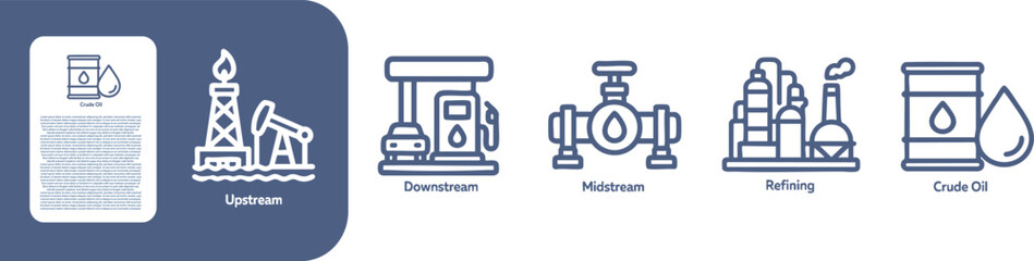 Fototapeta premium Oil and Gas Industry Process Icons Set, set of icon, vector, Upstream, Downstream, Midstream, Refining, Crude Oil thin line icon
