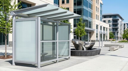Fototapeta premium Modern transit shelter with blank panels and glass shade roof in urban plaza