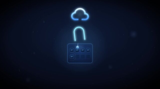 Cloud data security animation with glowing padlock locking and encryption shield icon