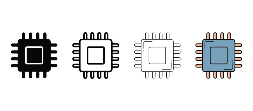 microchip processor icons with various designs and colors on white background