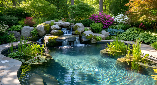 Serene garden pond with waterfall feature.