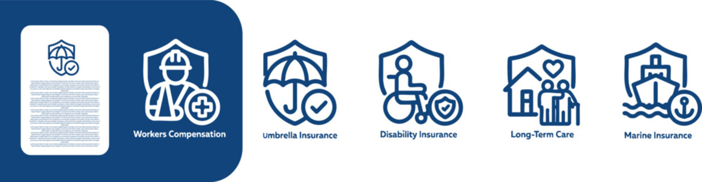Insurance Policy and Coverage Icons Set,  Workers Compensation, Umbrella Insurance ,Disability Insurance ,Long-Term Care ,Marine Insuranc thin line icon set