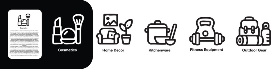 Fototapeta premium Cosmetics, Home Decor, Kitchenware, Fitness Equipment, and Outdoor Gear Icon Set, Cosmetics, Home Decor, Kitchenware, Fitness Equipment, Outdoor Gear thin line icon