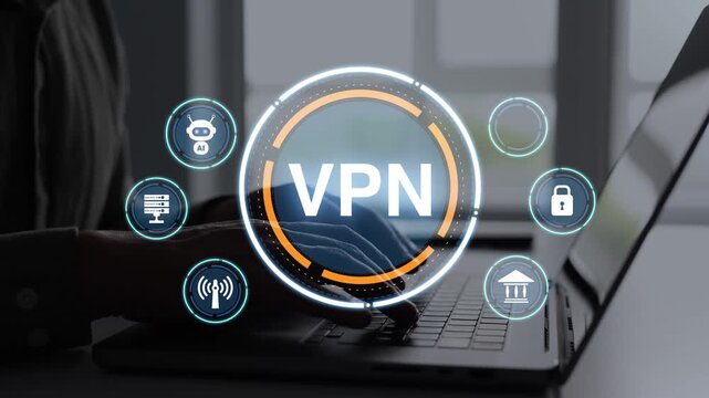 Cybersecurity concept with VPN connection, anonymous browsing, firewall protection and secure internet access across digital networks.