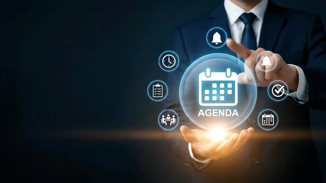 Businessman agenda meeting schedule planning digital technology presentation corporate management with confident professional executive formal suit making hand gesture for presenting futuristic