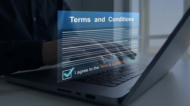 Digital terms and conditions theme featuring online contracts, user consent, legal documentation and transparency in service agreements.