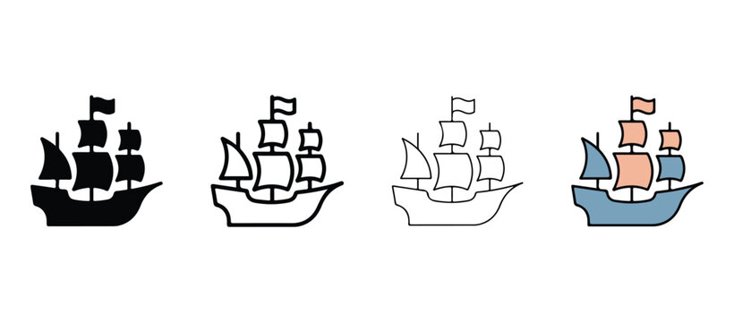 sailing ship icons with multiple masts and flags sailing on the ocean waves in various styles and colors  simple illustrations