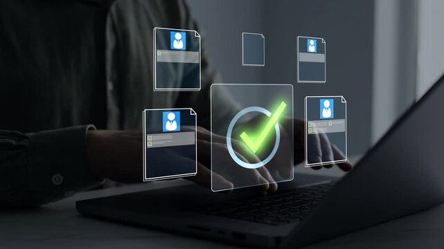 Employee approval process management. Hiring system resume filtering employee candidate.Digital documents with check marks verified staff records and online HR management.	