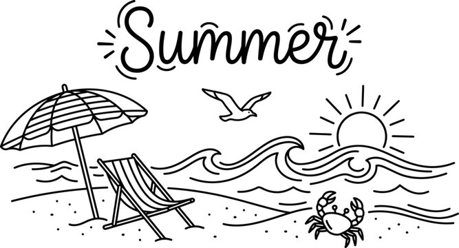 Summer beach line art drawing with parasol chair and ocean waves, vacation