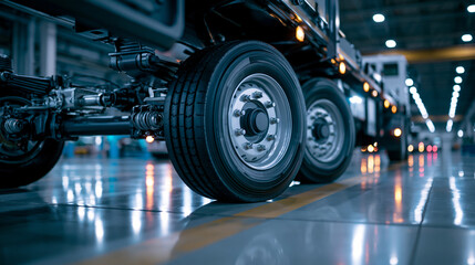 Fototapeta premium Heavy truck wheels on a production line in a modern factory, representing industrial manufacturing, automotive engineering and logistics.