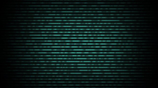 Abstract digital data stream scrolling across dark background with binary code, representing programming, cybersecurity, and digital information flow in dynamic motion.